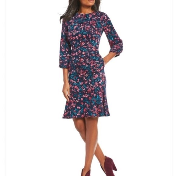 Joules Long Sleeve Dress with Pink Floral on Navy - Picture 1 of 9